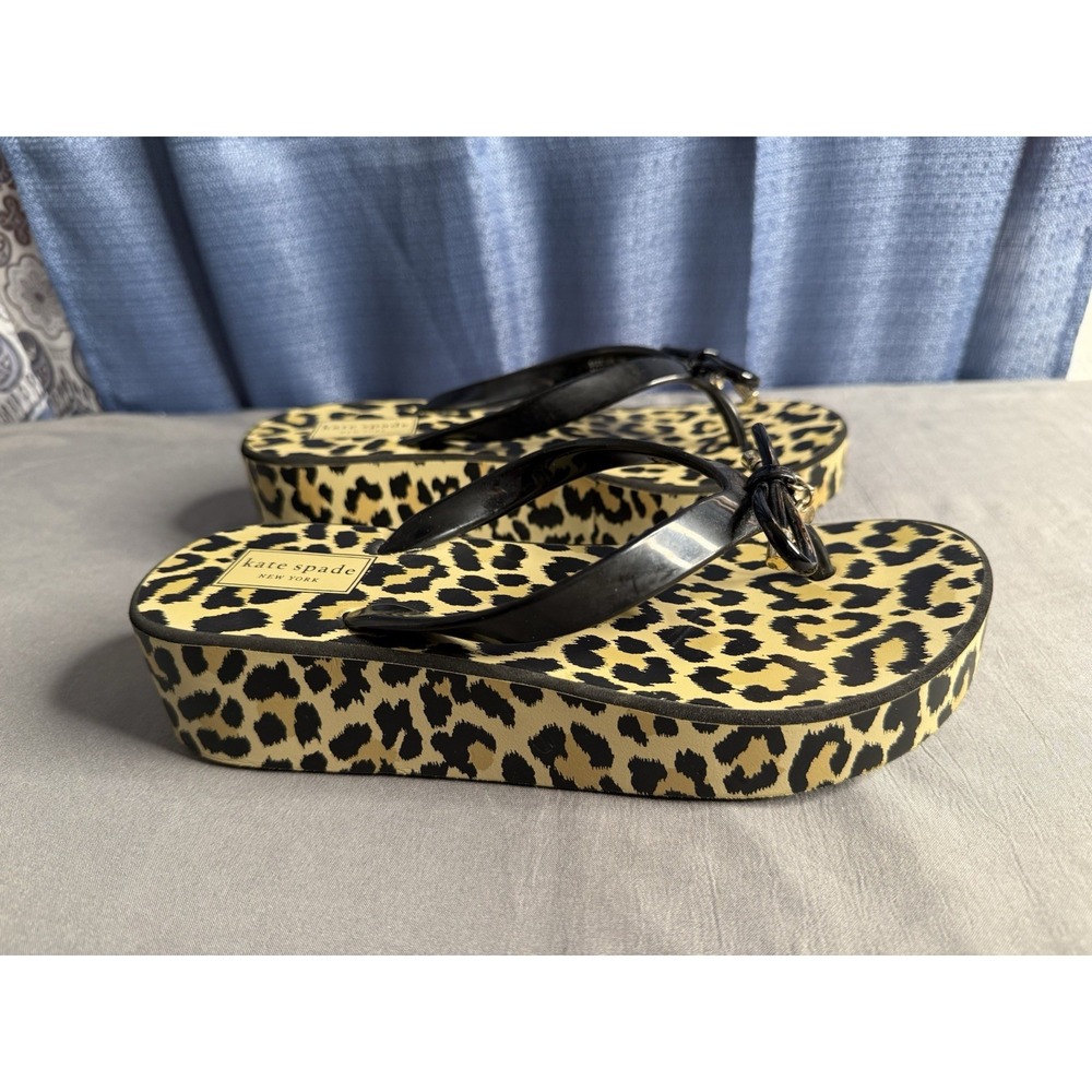 Kate Spade Designer Black Tan Animal Leopard Print Thong Wedge Flip Sandals 7M